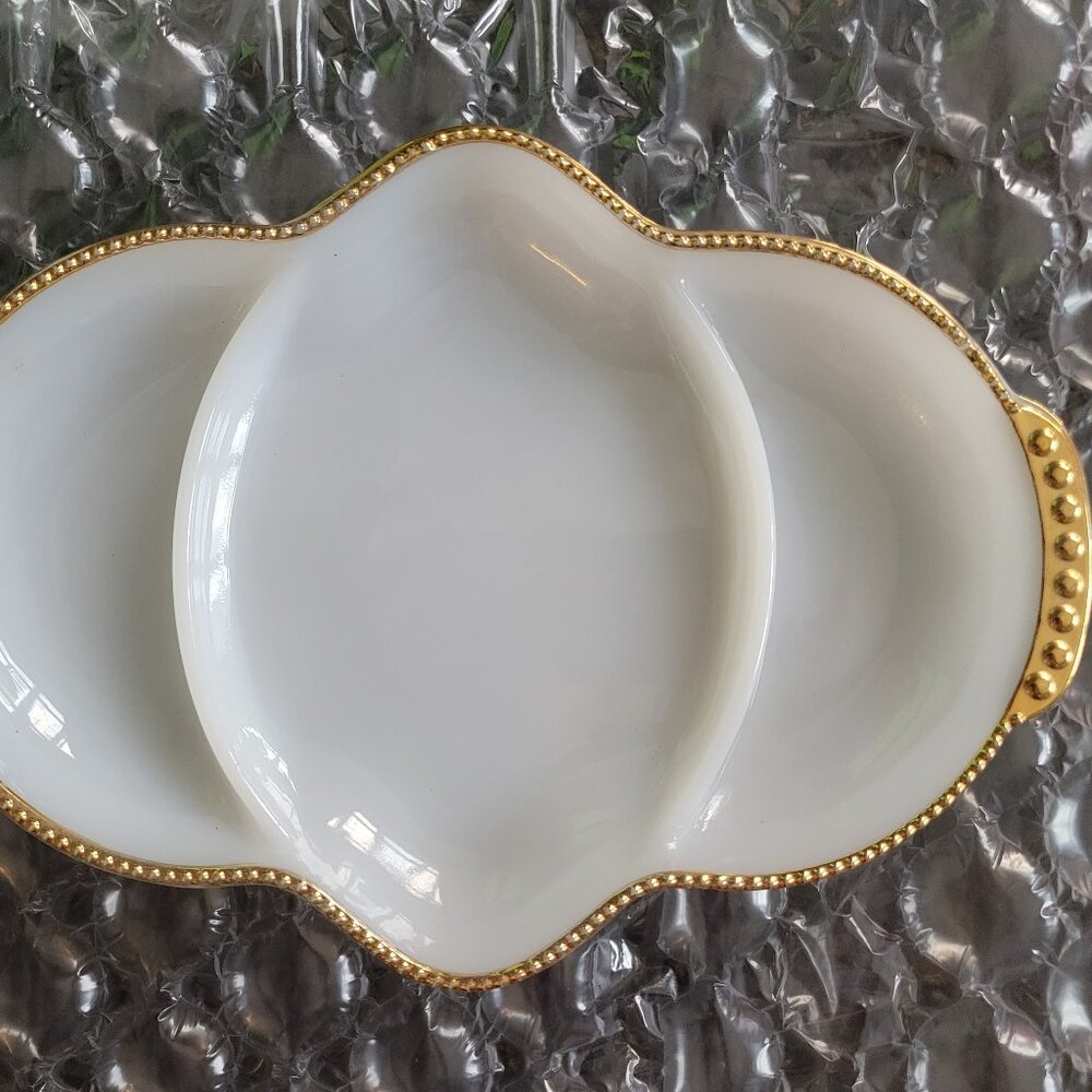 Vintage Fire King Oven Ware Milk Glass/Gold Tray